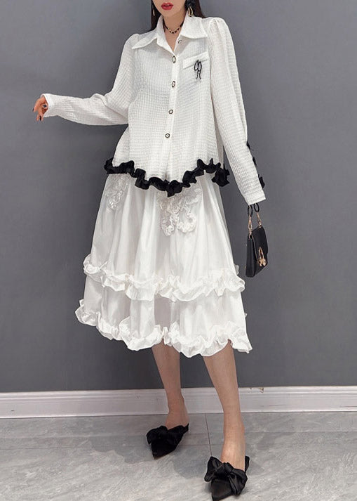 White Embroideried Ruffled Tulle Patchwork Chiffon Dress Two Pieces Set Spring