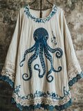 Octopus Embroidered Contrast Lace Hem Linen Blend Tunic artswardrobe
