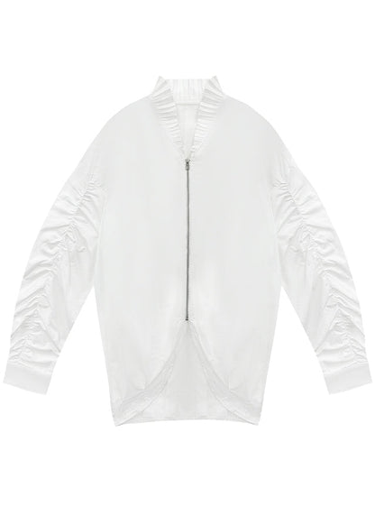 French White Stand Collar Cinched Patchwork Zippered Shirt Batwing Sleeve