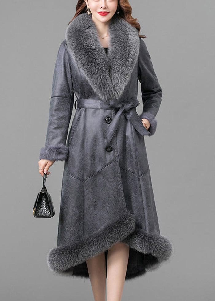 Grey Silm Fit Fuzzy Rabbit Leather and Fur Jacket Fox Collar Winter