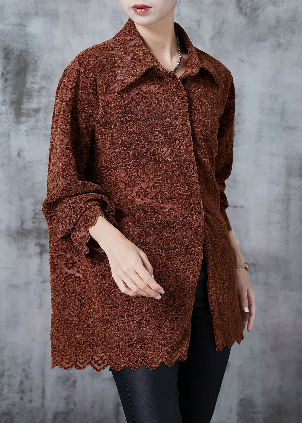 Caramel Embroidered Lace Shirt Tops Spring