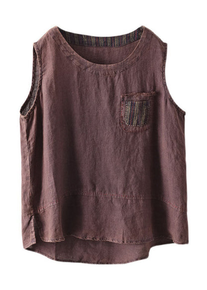 Brown Pocket Patchwork Linen Tanks O-neck Sleeveless
