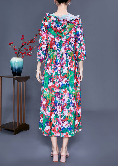 Slim Fit Hooded Ruffled Print Silk Long Dresses Summer