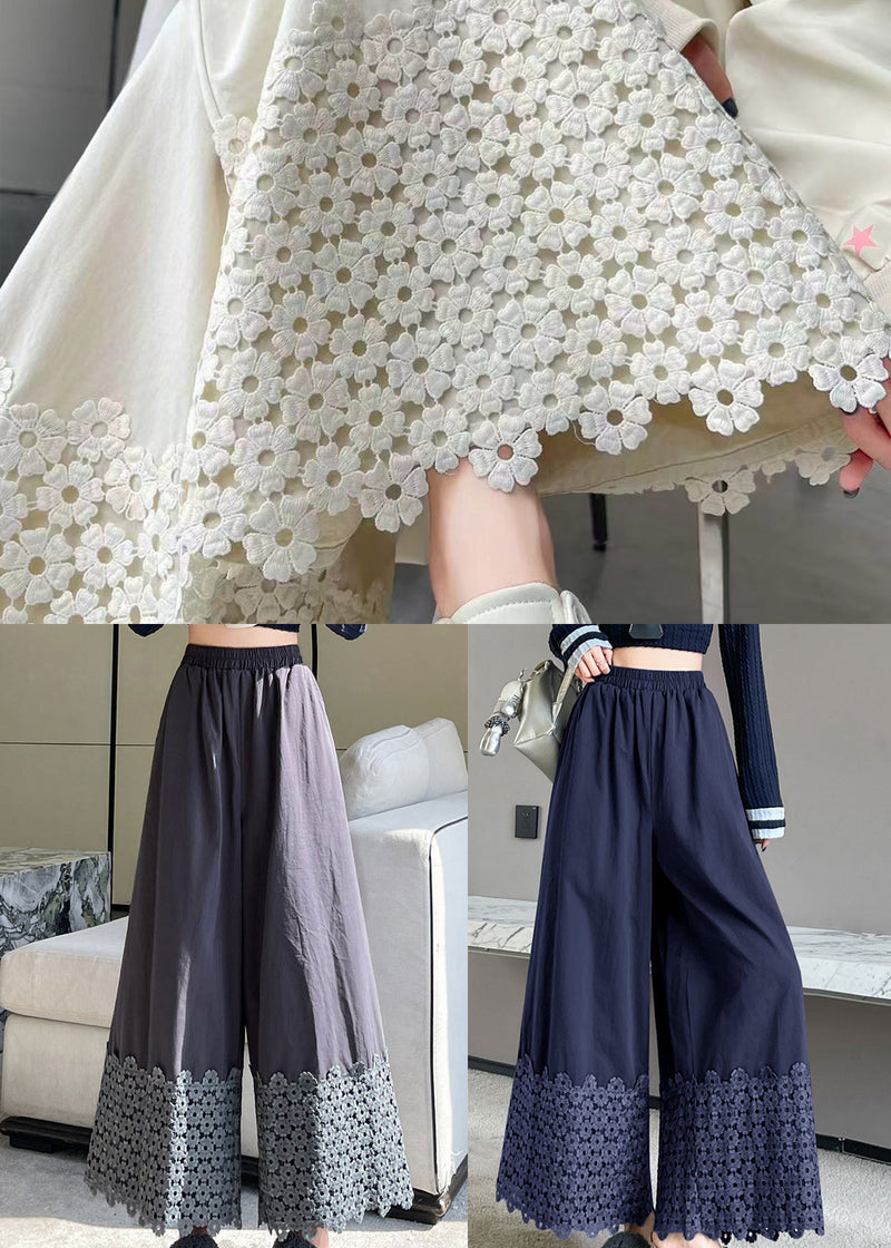 Navy Embroidered Cotton Crop Pants Fall