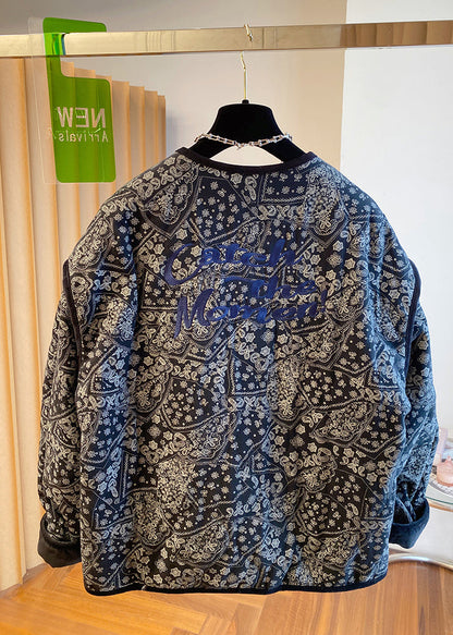 Boutique Black O Neck Pockets Print Fine Cotton Filled Jackets Fall