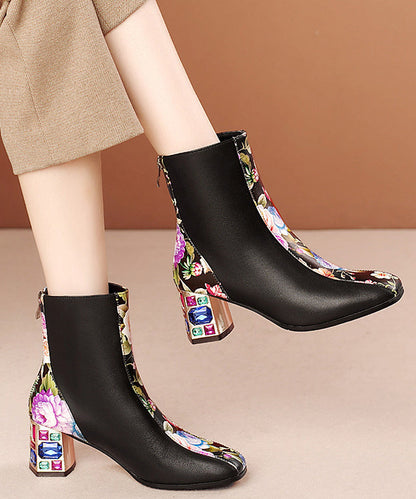 White Print Zircon Cowhide Leather Chunky Boots