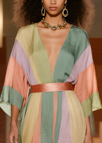 Colorblock Cinched Striped Silk Cotton Dress Summer