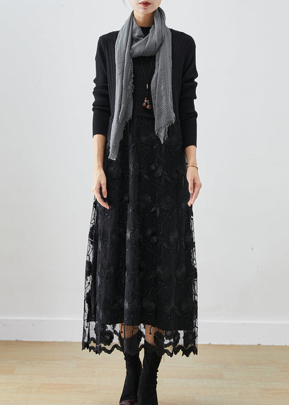 Black Patchwork Tulle Knit Holiday Dress Embroideried Fall
