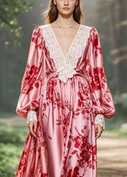 Pink V Neck Print Original Design Chiffon Long Dresses Spring