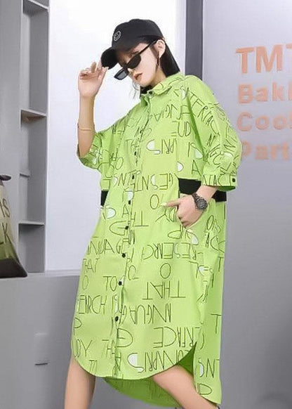 Stylish Green Patchwork Print Button Fall Cotton Half Sleeve Dress