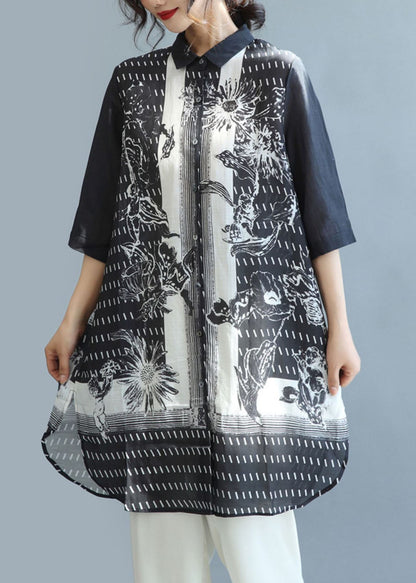 Black Peter Pan Collar Print Linen Long Shirt Tops Half Sleeve