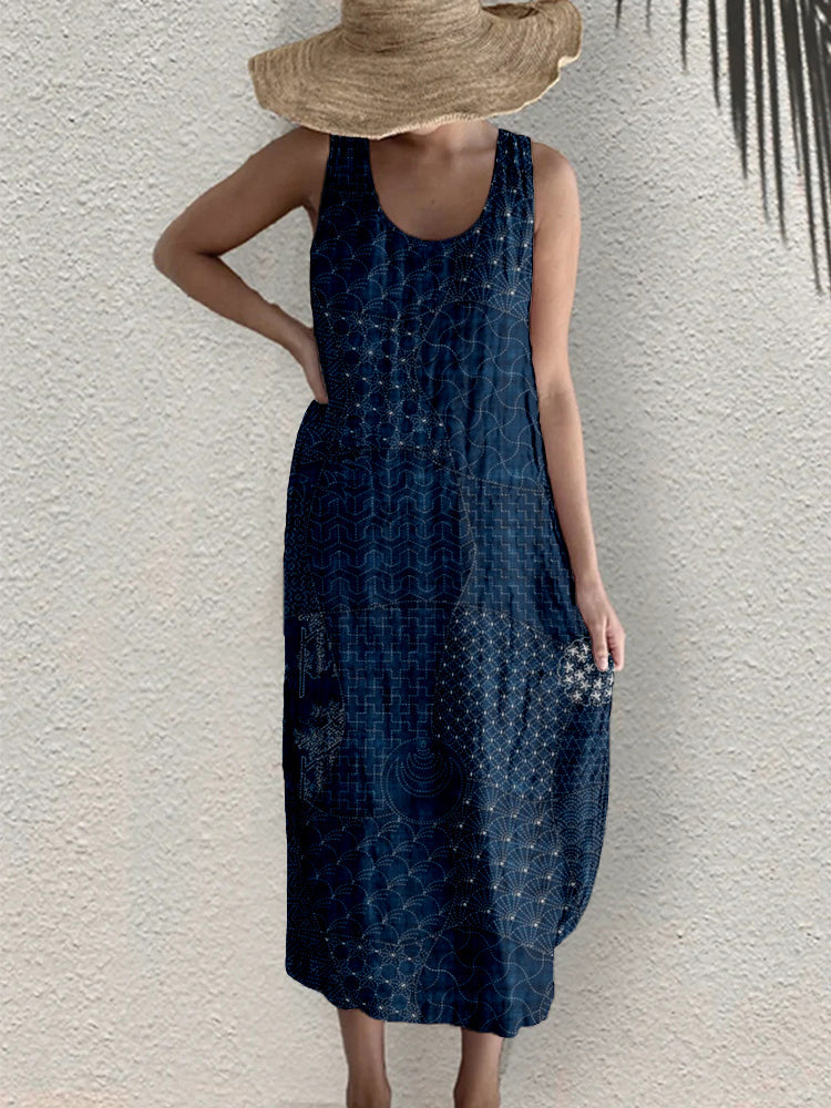 Comstylish Japanese Traditional Sashiko Art Linen Blend Tank Dress