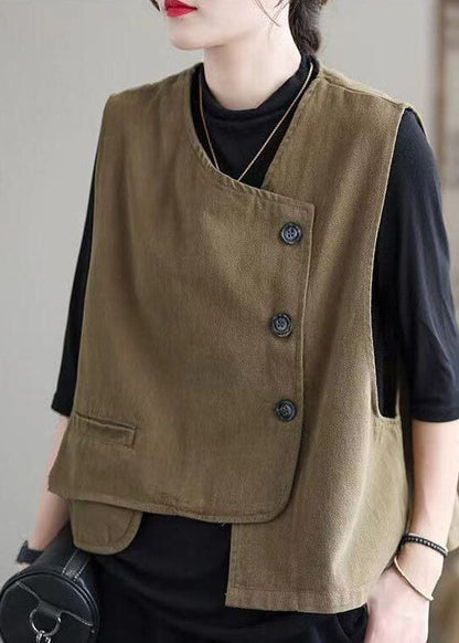 Classy Khaki Retro Button Asymmetrical Design Fall Vest