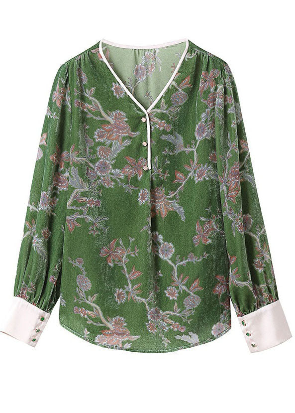 Diy Green V Neck Print Velour Blouse Tops Spring