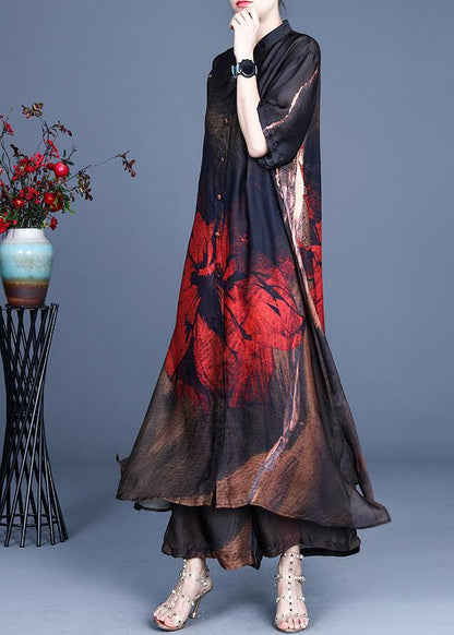 Summer Large Red Print Coat + Wide Leg Pants Two Piece Set
