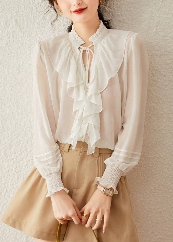 White Stand Collar Tie Lace Lantern Sleeve