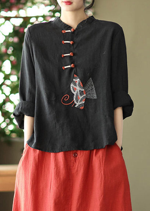 Boutique White O-neck Embroideried Button Linen Shirt Long Sleeve