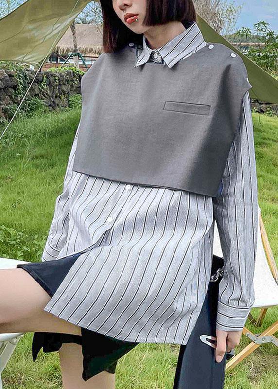 Grey Peter Pan Collar Button Fall Striped Shirt Long Sleeve