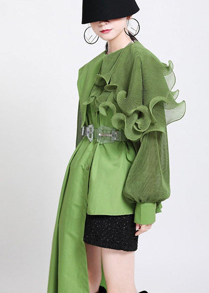 Natural Green Lantern Sleeve Button Chiffon Top