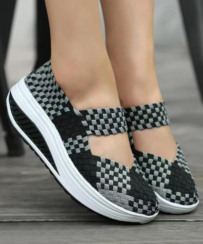 Black Knit Fabric Art Splicing High Wedge Heels Shoes Soofairy Shoes-20251