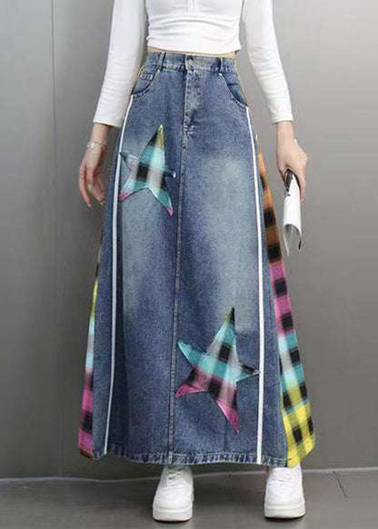 Blue Plaid Patchwork Patch Denim Maxi Skirts Spring