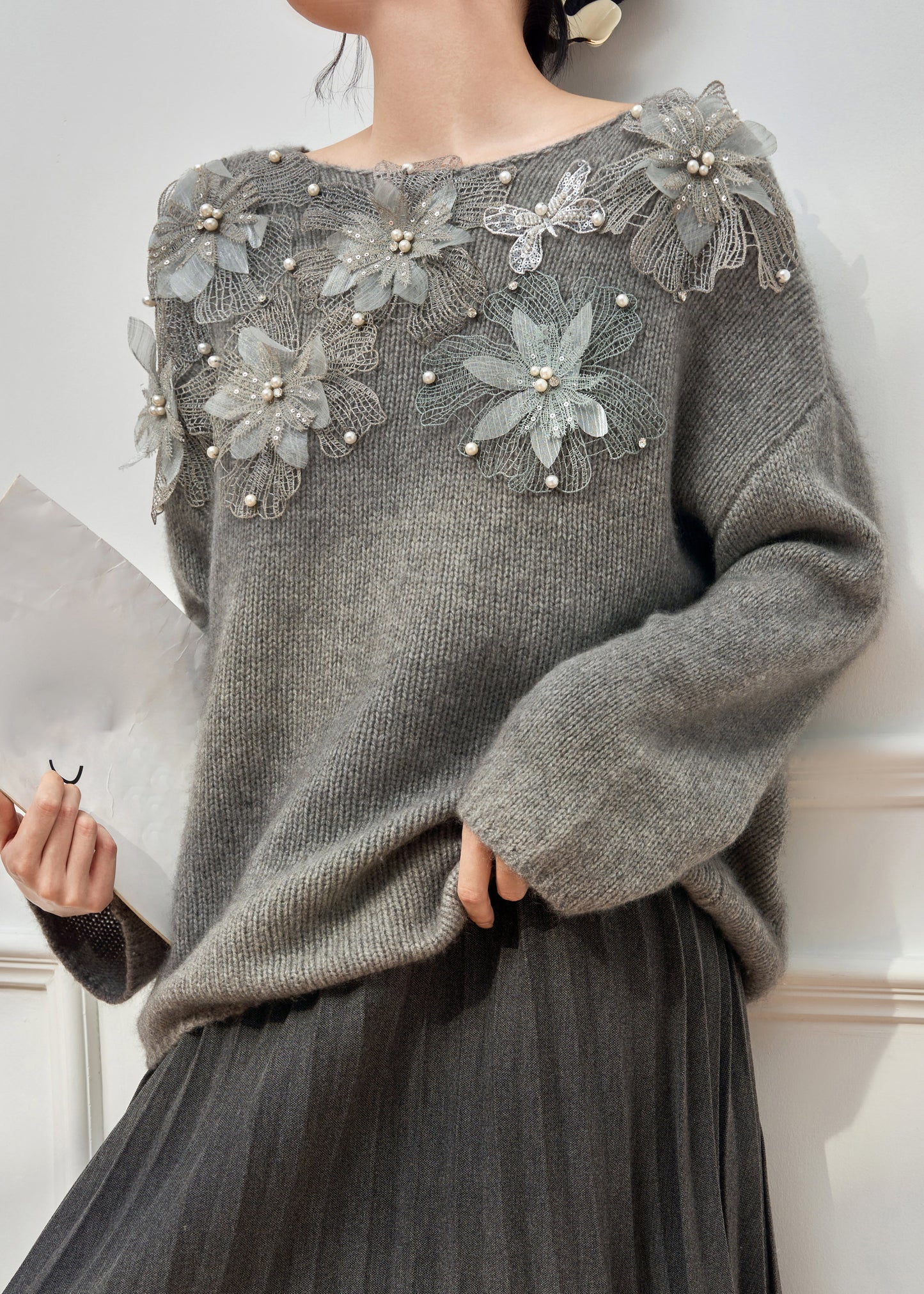 Original Grey O Neck Pearl Knit Cardigan Winter