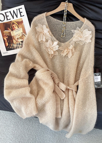 Fitted Khaki Tie Waist Decorated Knit Sweater Tops Fall