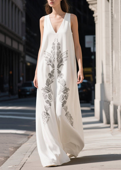 White V Neck Print Chiffon Maxi Dresses Summer