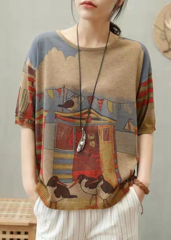Camel O Neck Print Cotton Knit T Shirt Top Summer