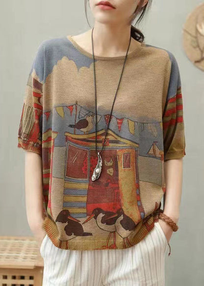 Camel O Neck Print Cotton Knit T Shirt Top Summer