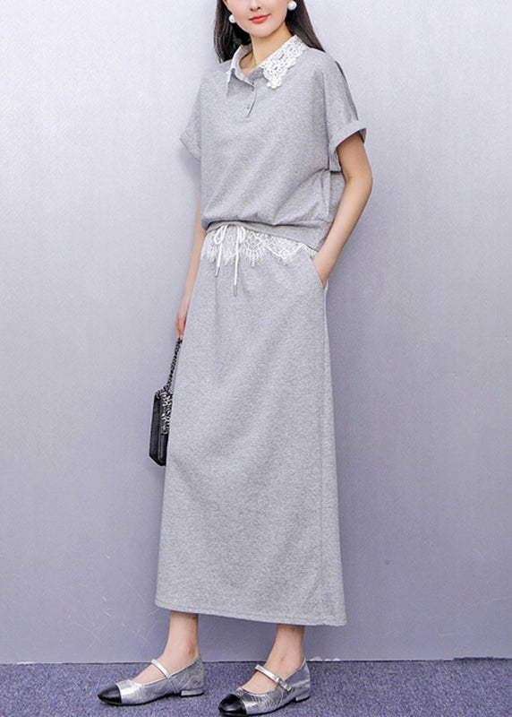 Grey Lace Patchwork Top and Maxi Skirts Two Piece Set Summer