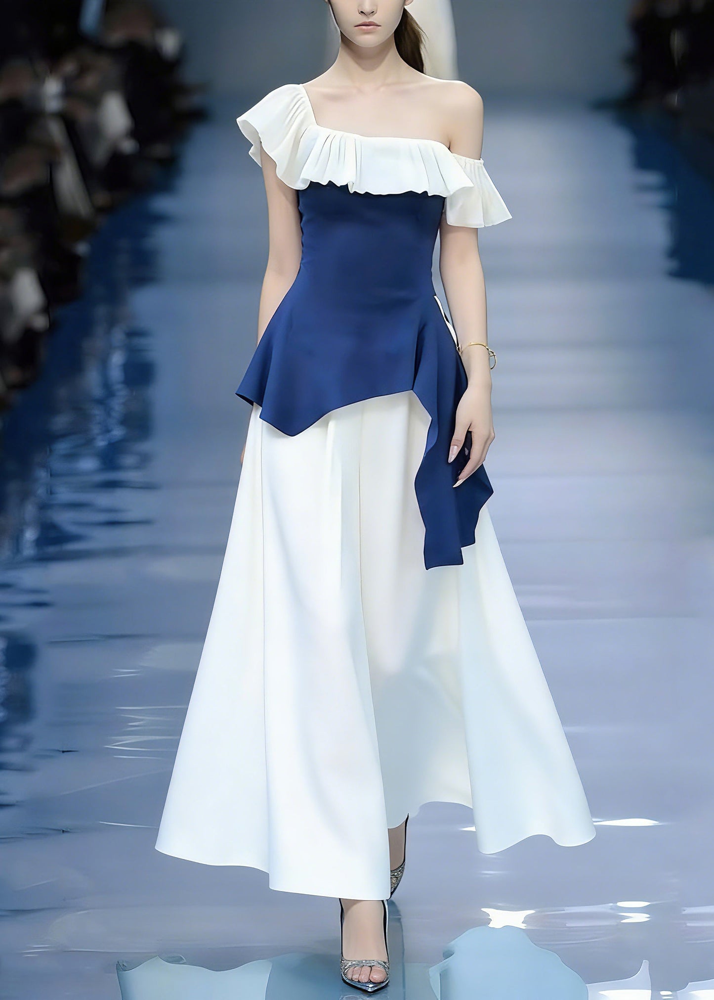 Modern Blue Asymmetrical Patchwork Top and Maxi Skirts Two Pieces Set Short Sleeve