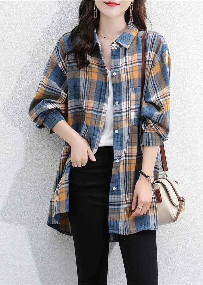 Navy Peter Pan Collar Plaid Cotton Shirt Coats Spring