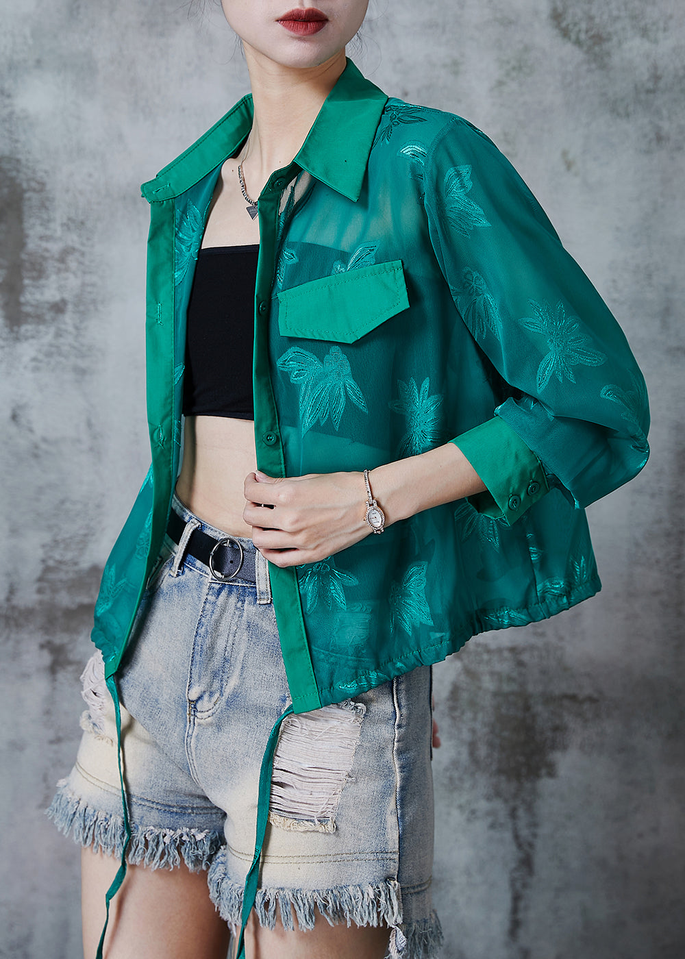 Classy Peacock Green Embroidered Drawstring Tulle Coats Summer