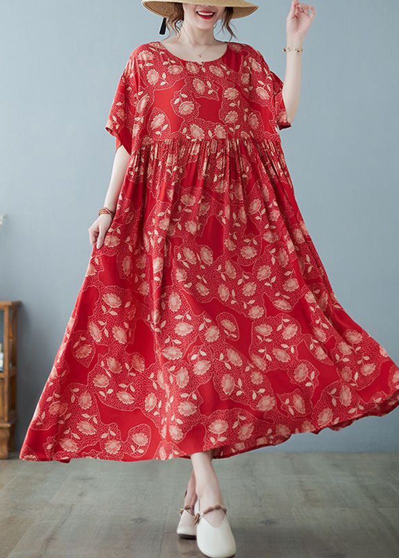 Red Oversized Print Exra Large Hem Cotton Vacation Dresses Summer