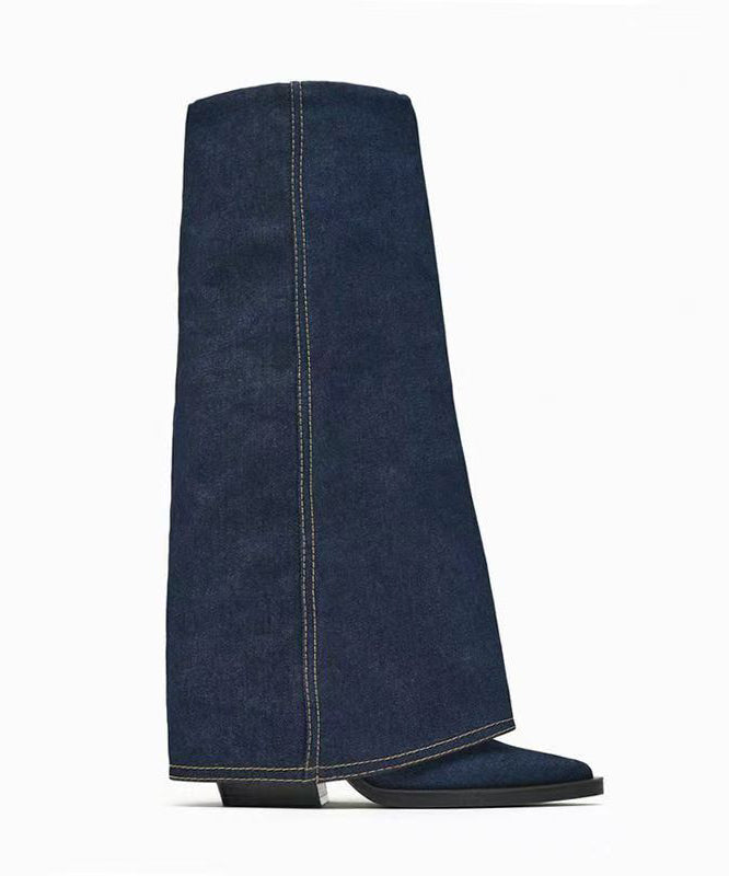 European and American Style Navy Denim Fabric Splicing Boots