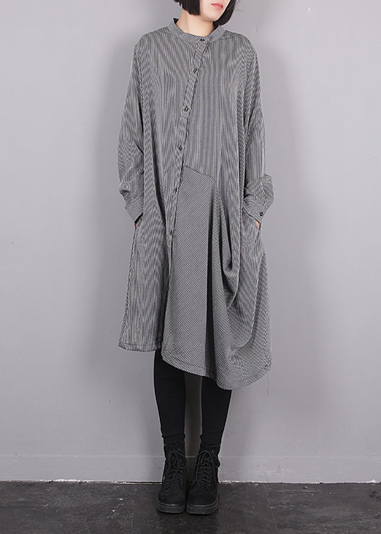 Grey O-neck Asymmetrical Striped Button Maxi Dress Fall