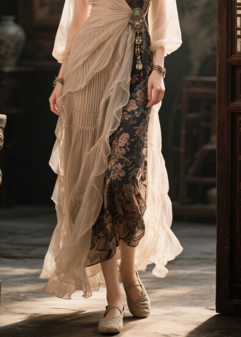 Beige Asymmetrical Patchwork Tasseled Chiffon Dresses Summer