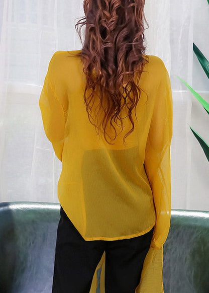 Yellow Peter Pan Collar Asymmetrical Button Chiffon Shirts Lantern Sleeve