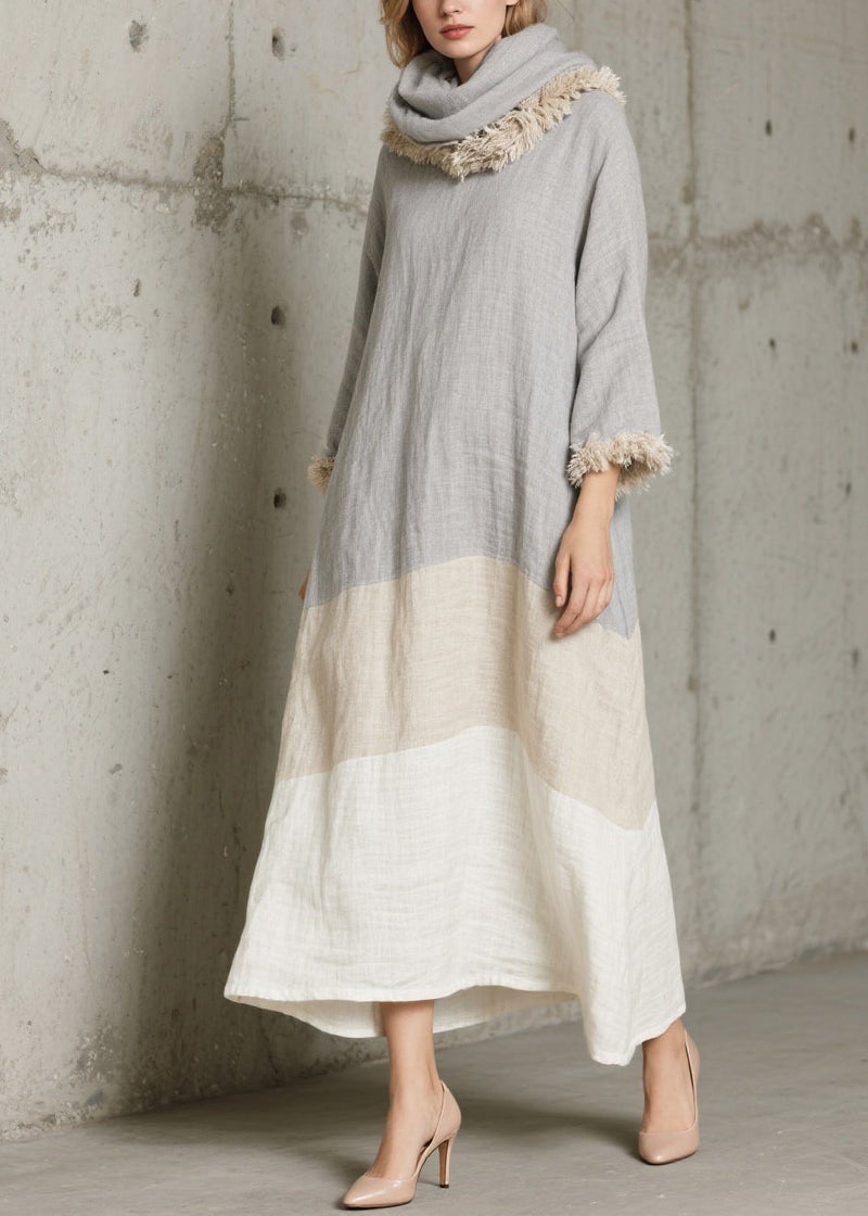 Grey Oversized Patchwork Faux Fur Long Dress Fall