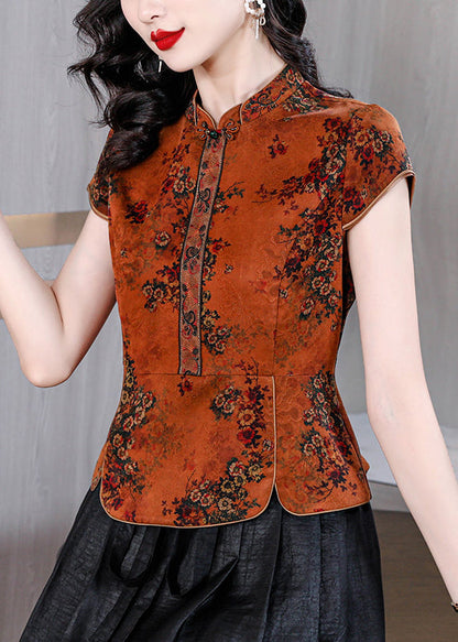Orange Stand Collar Print Silk Shirts Summer