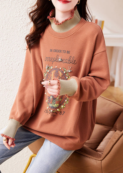 New Pink Ruffled Nail Bead Print Warm Fleece Sweatshirt Winter