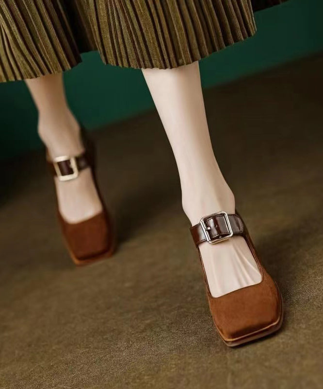Apricot Suede Square Head Buckle High Heels