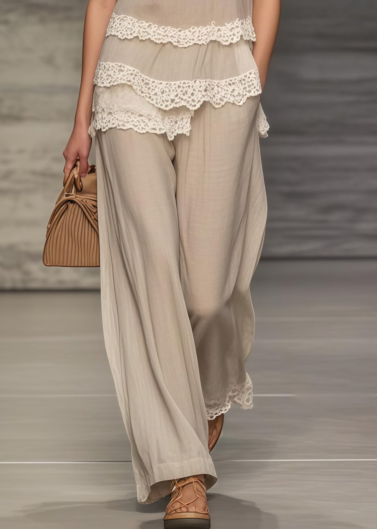 Khaki Asymmetrical Patchwork Lace Two Pieces Set Summer