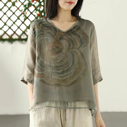 Green V Neck Print Tulle T Shirts Summer