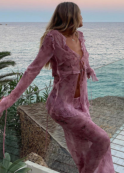 Pink Ruffled Lace Up Chiffon Two Pieces Set Flare Sleeve