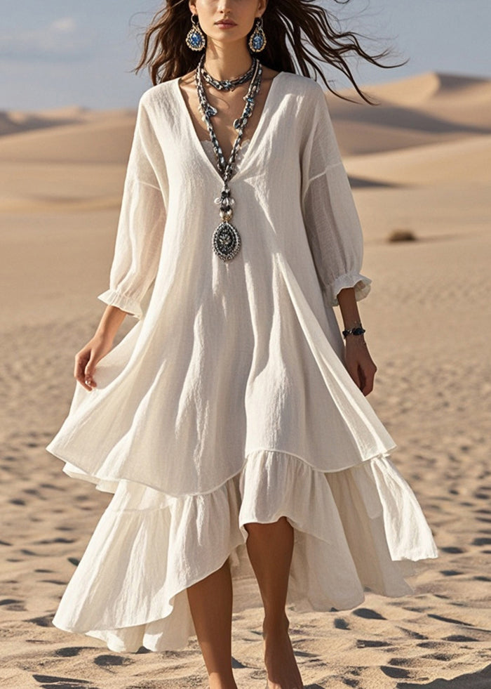 White Oversized Patchwork Cotton Maxi Dresses Bracelet Sleeve Summer