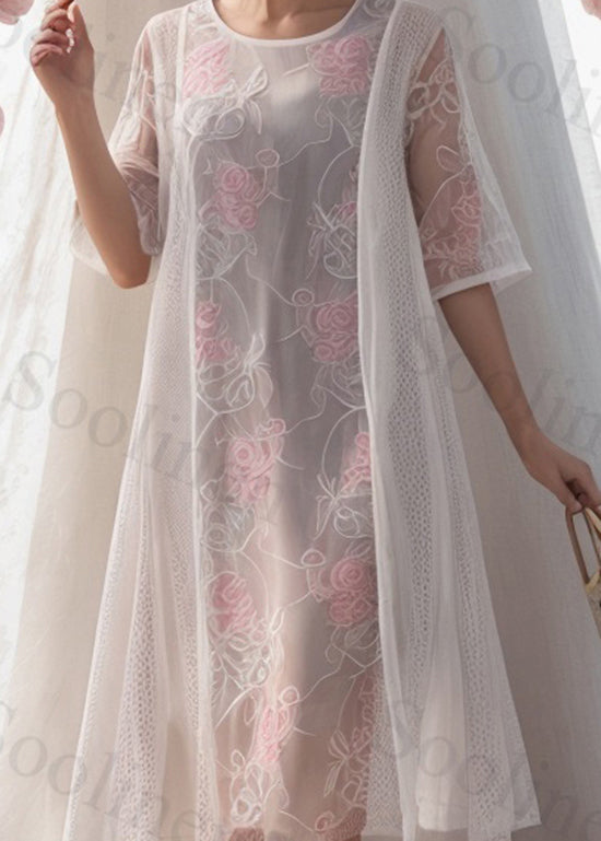 Italian White O-neck Print Patchwork Silk Dresses Summer