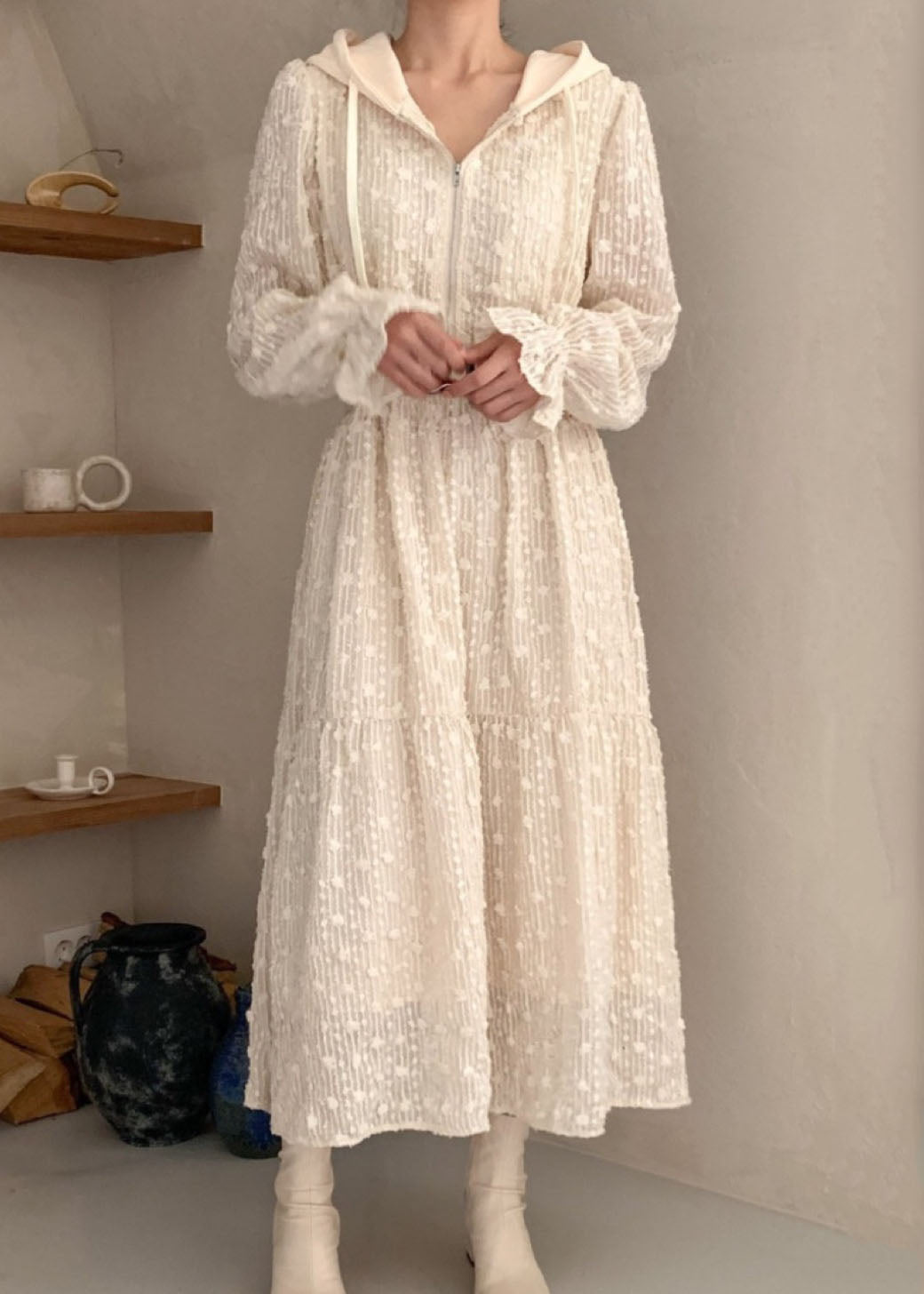 Apricot Hooded Zippered Patchwork Lace Dress Spring