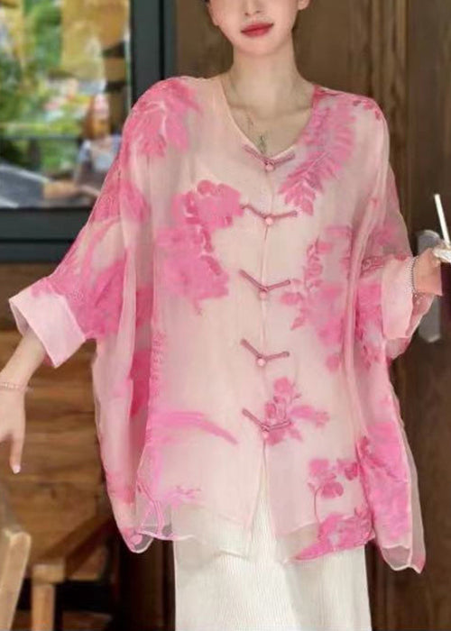 Pink Button Print Silk Cotton Blouse Batwing Sleeve